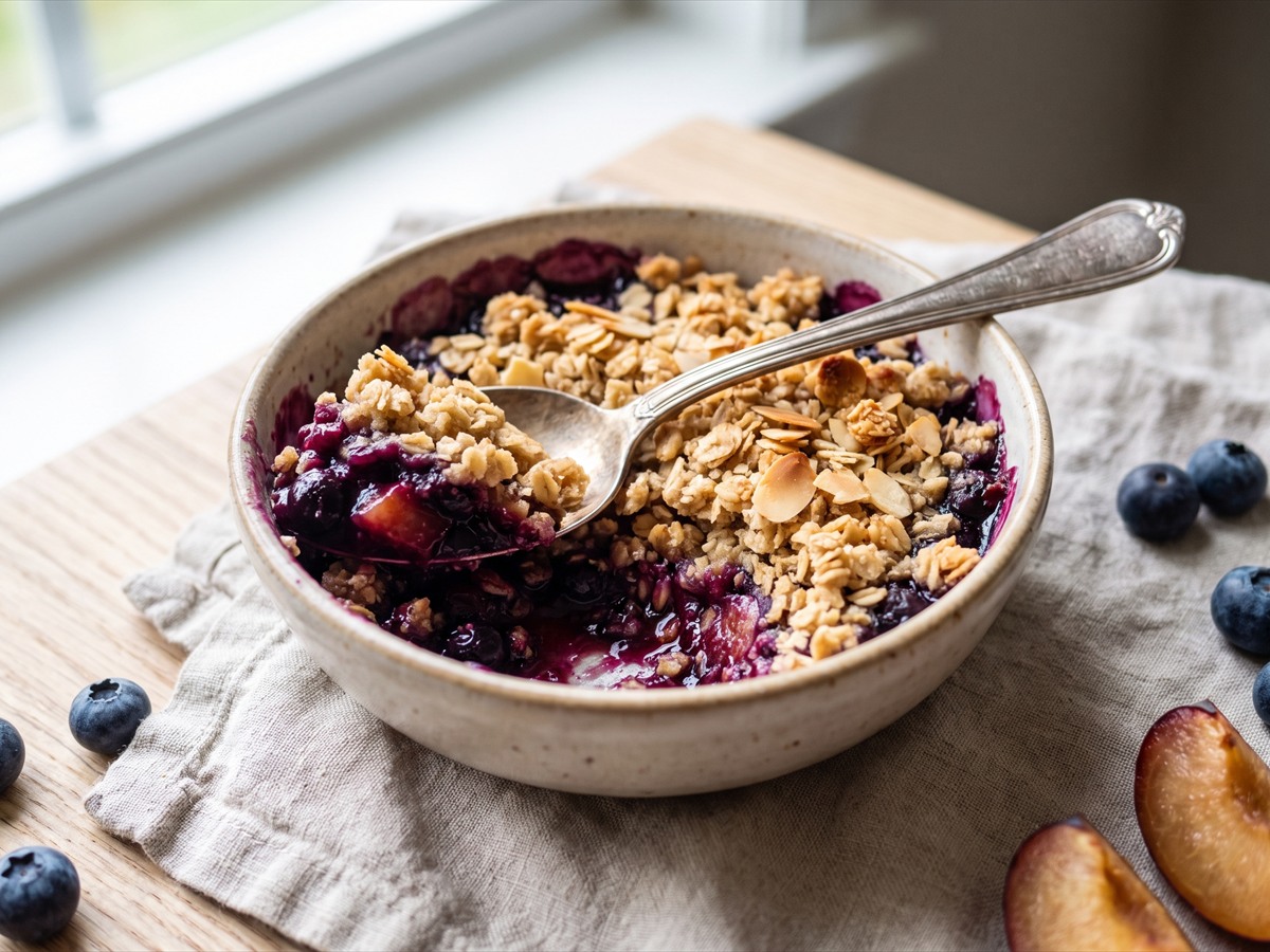 A spoonful scooped from a bowl of no bake plum crumble showing the purple fruit and crumble layers.