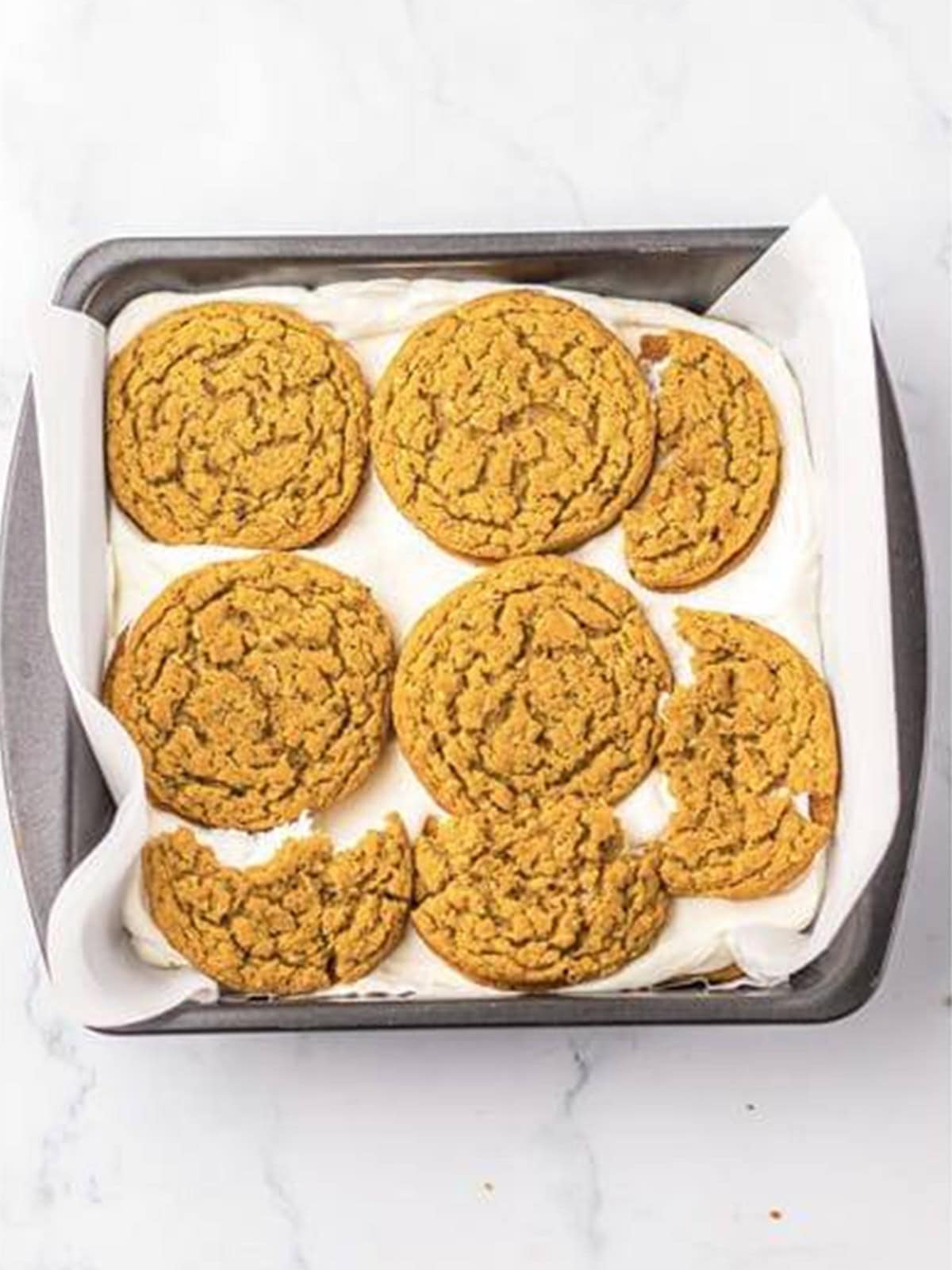 A layer of oatmeal cream pies added over the ice cream mixture.
