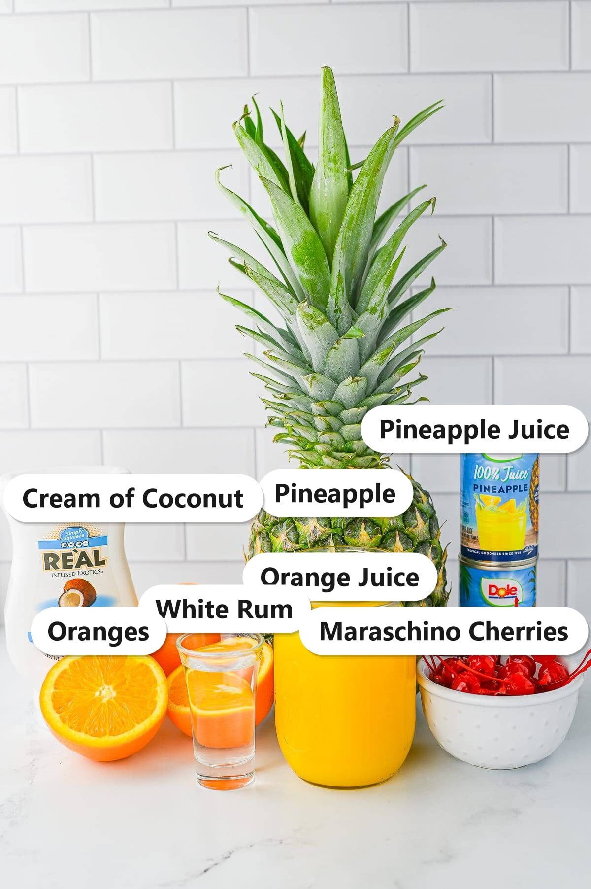 Labeled ingredients for a painkiller cocktail including white rum, pineapple juice, orange juice, cream of coconut, oranges, a fresh pineapple, and maraschino cherries.