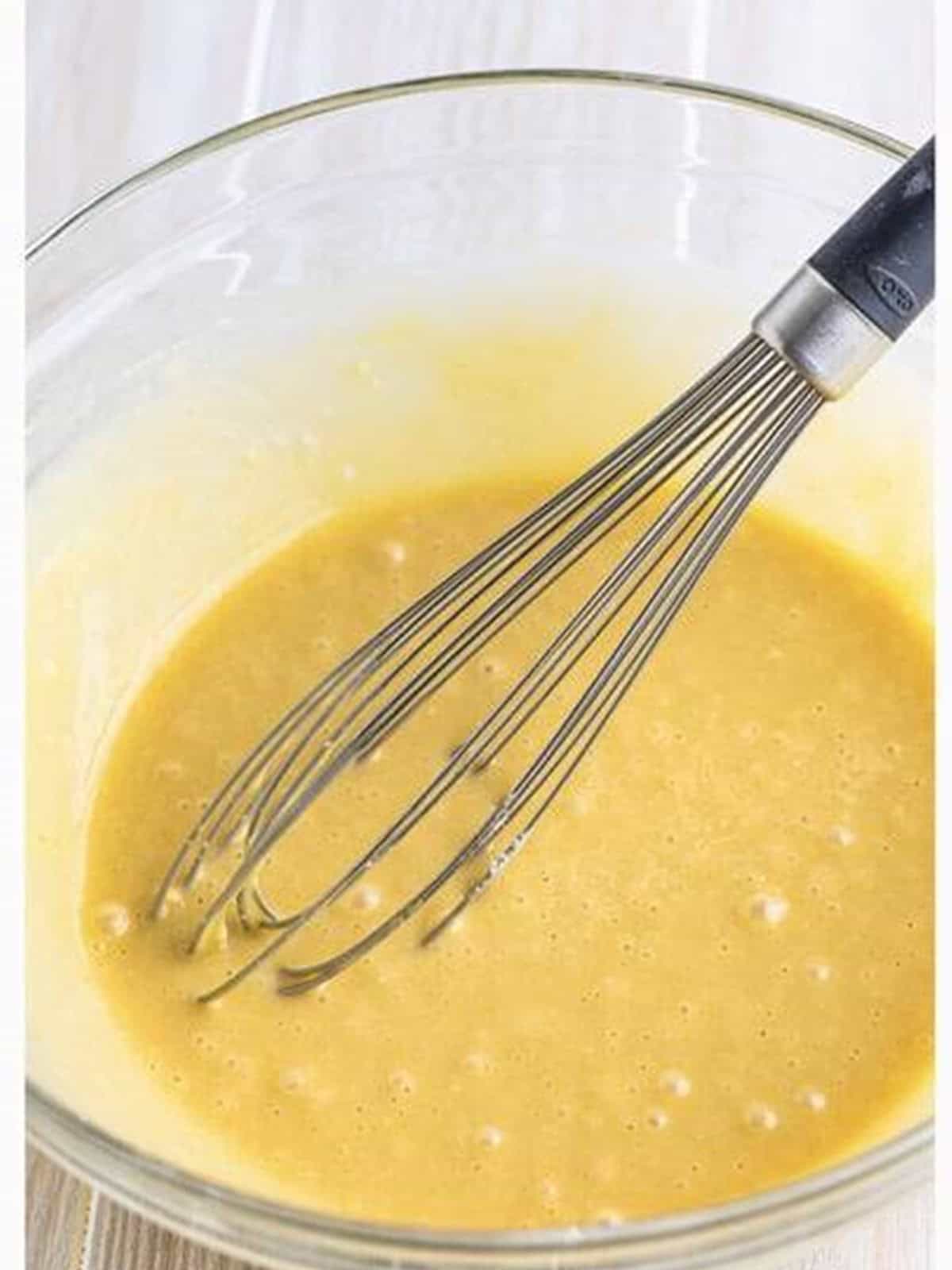 Pancake and baking mix whisked into the wet ingredients until smooth.
