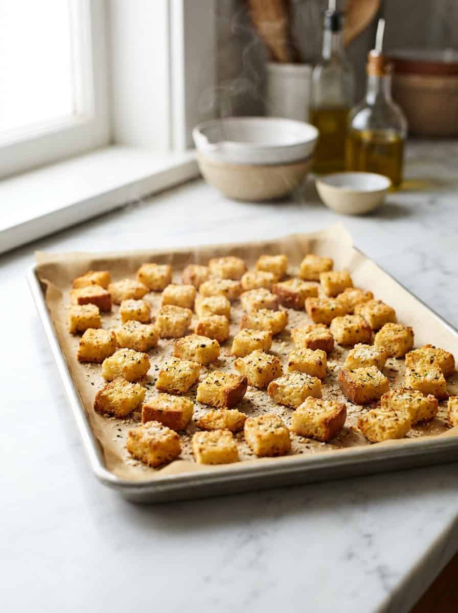 Golden parmesan croutons baked in an even layer on a sheet tray.