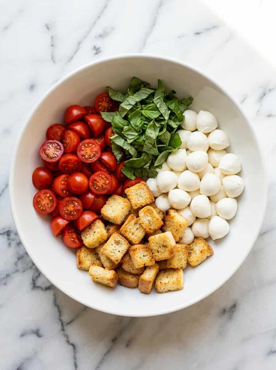 Cherry tomatoes, mozzarella pearls, basil, and croutons in a large bowl before tossing.