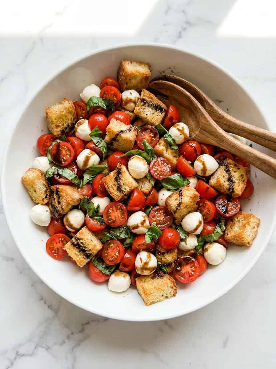 The finished Panzanella tossed with olive oil and drizzled with balsamic glaze.