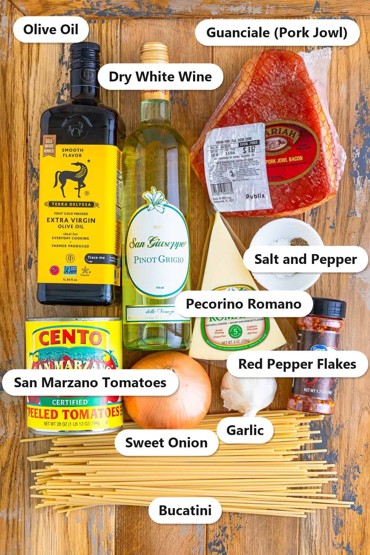 Labeled ingredients for Pasta Amatriciana: guanciale, San Marzano tomatoes, bucatini, pecorino romano, olive oil, white wine, onion, garlic, and red pepper flakes.