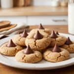 A plate of Peanut Butter Blossoms, soft peanut butter cookies topped with chocolate kisses.