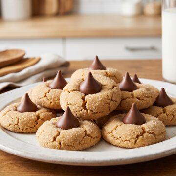 A plate of Peanut Butter Blossoms, soft peanut butter cookies topped with chocolate kisses.