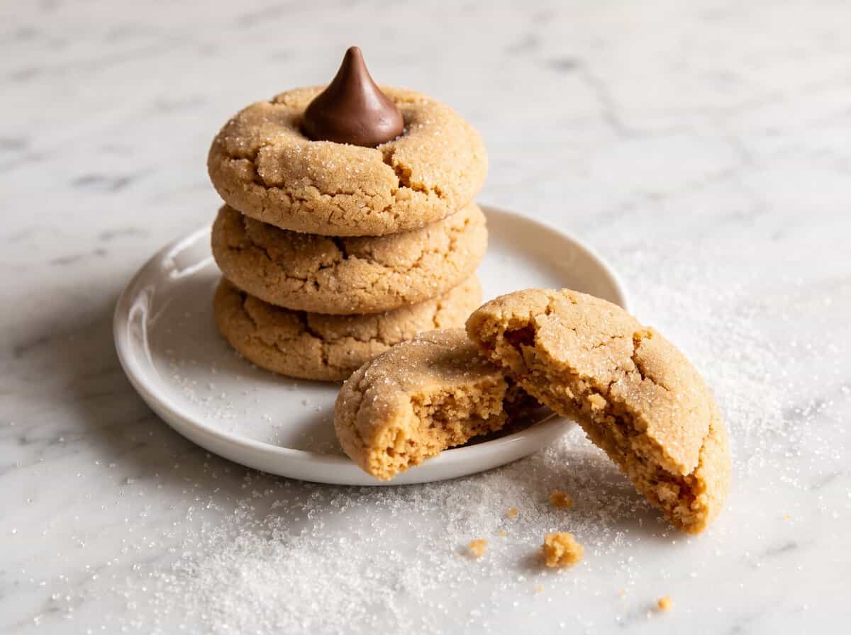 A stack of Peanut Butter Blossoms with one cookie broken open showing the soft crumb.