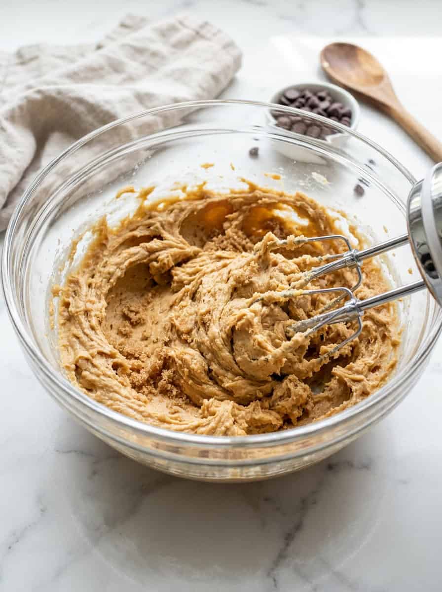 Peanut butter cookie dough beaten together in a large mixing bowl for Peanut Butter Blossoms.