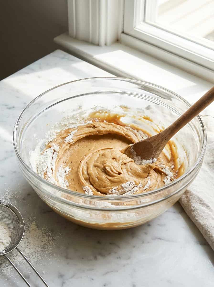 Soft peanut butter blossom dough after stirring in the flour, baking soda, and baking powder.