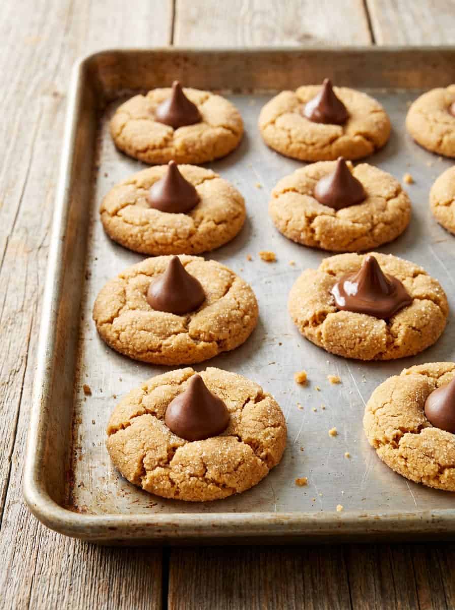 Chocolate kisses pressed into the centers of the warm baked Peanut Butter Blossoms.
