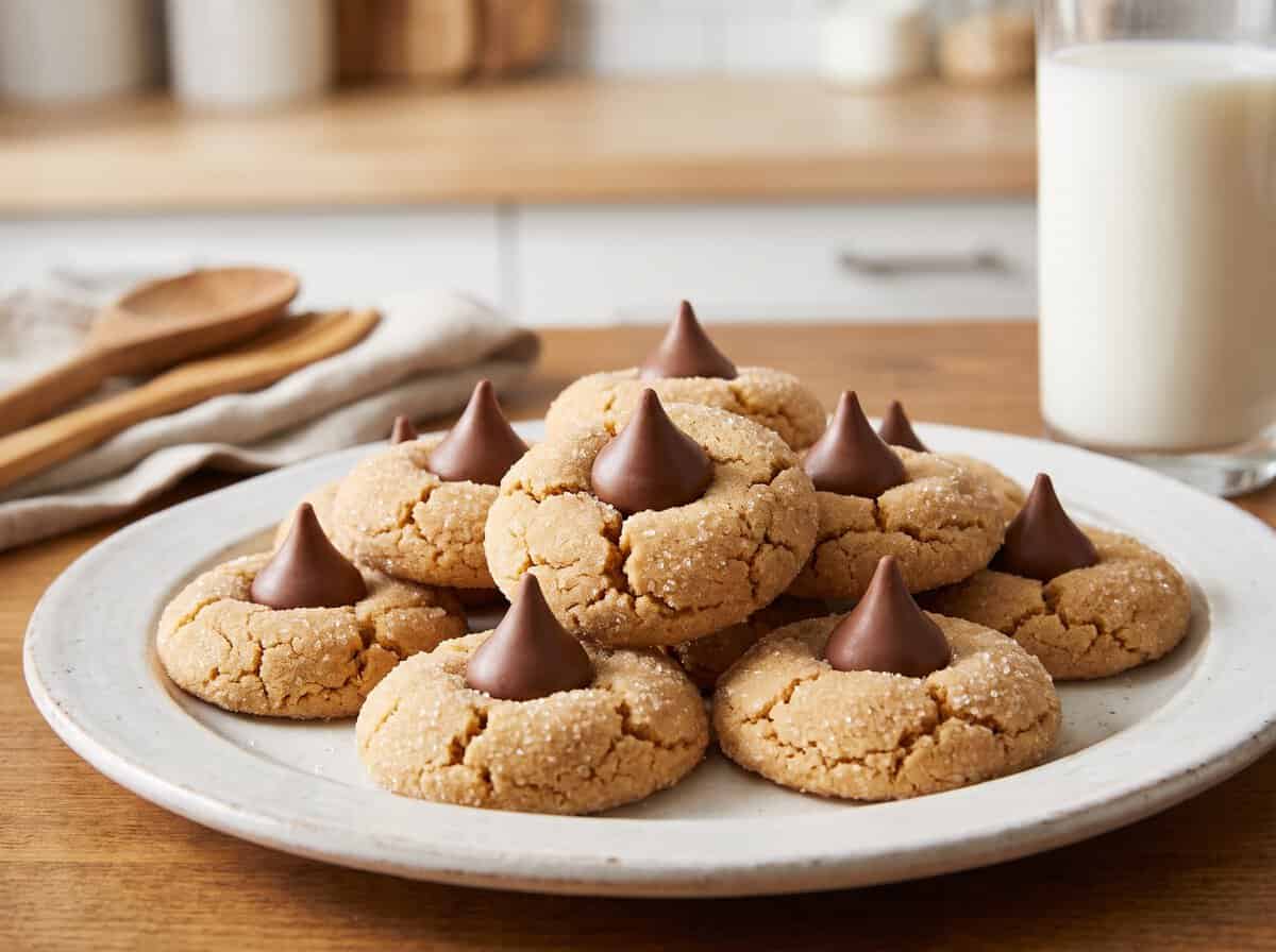 A plate of Peanut Butter Blossoms, soft peanut butter cookies topped with chocolate kisses.
