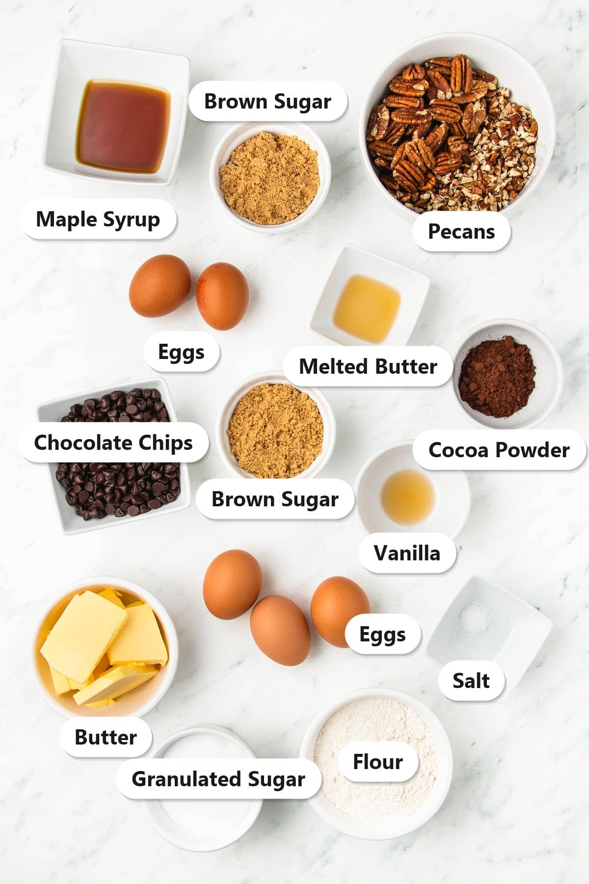 Labeled ingredients for Pecan Pie Brownies including pecans, maple syrup, brown sugar, chocolate chips, cocoa powder, butter, eggs, vanilla, flour, and sugar.