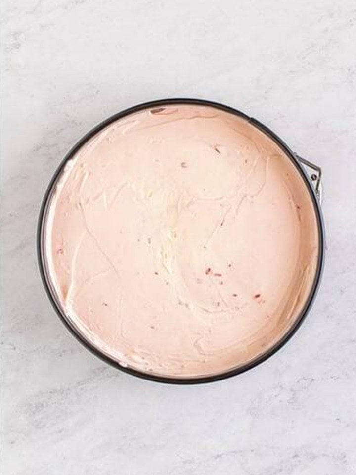 Peppermint cheesecake top smoothed out in the springform pan before chilling.