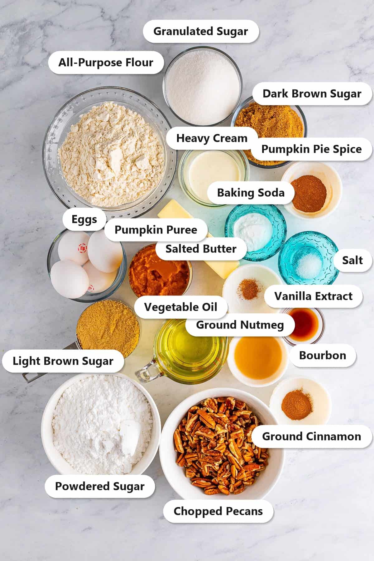 Labeled ingredients needed to make Pumpkin Cake with bourbon praline frosting.