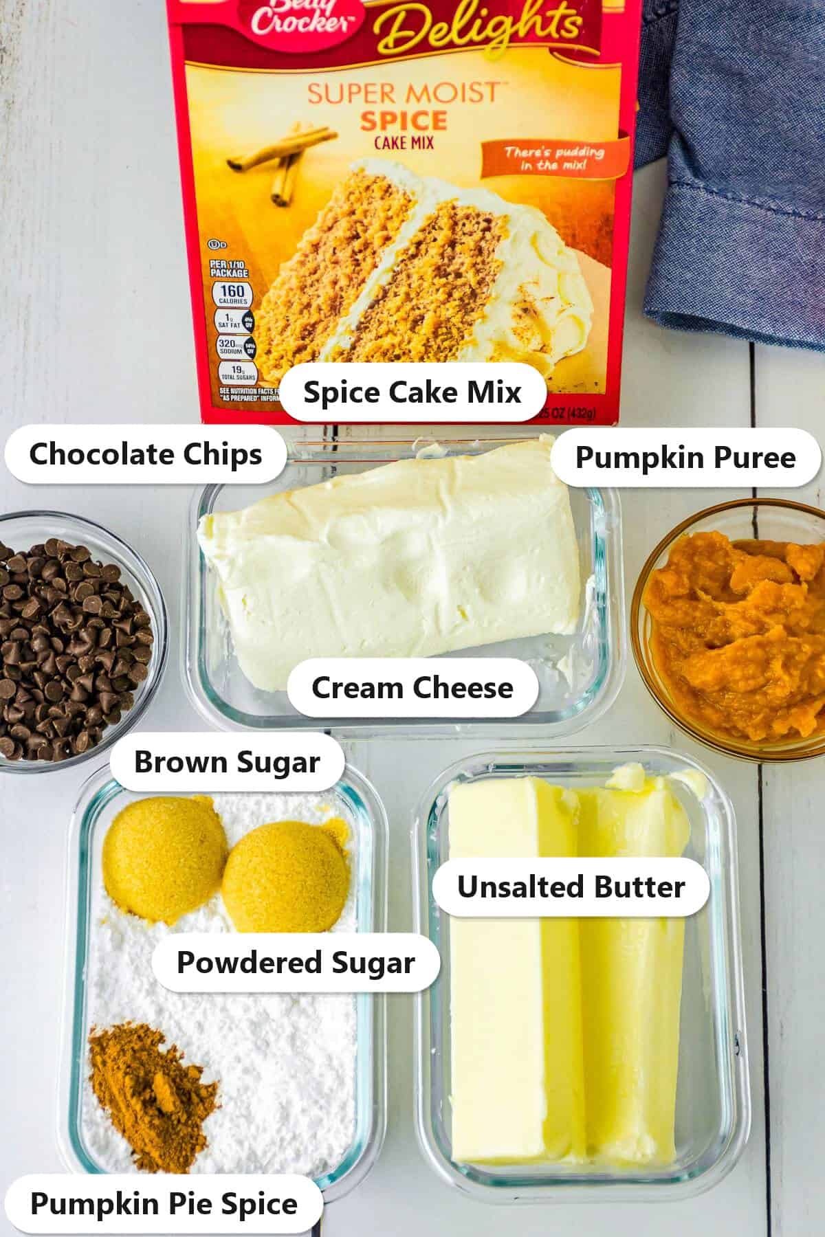 Labeled ingredients needed to make a Pumpkin Cheese Ball.