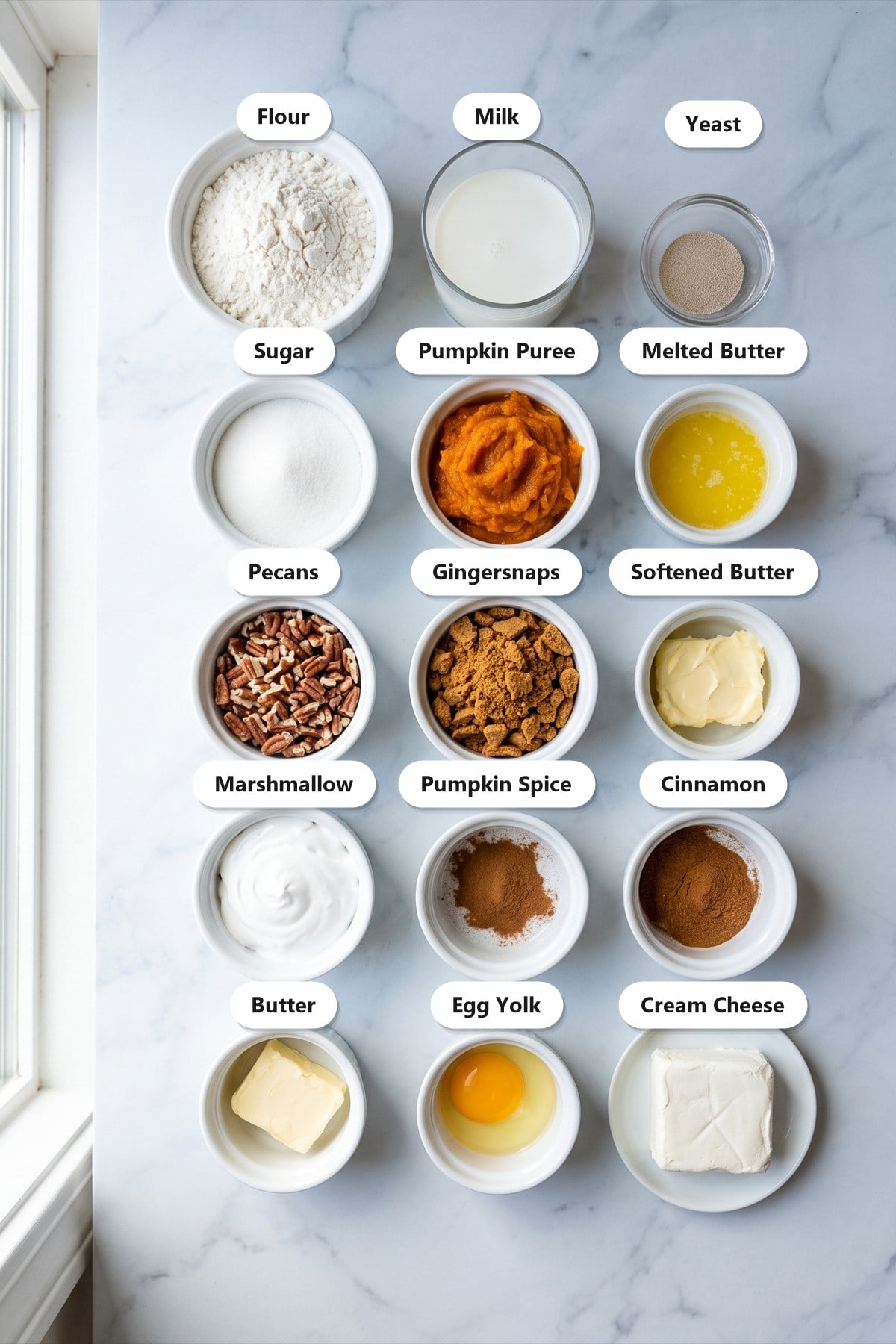 Labeled ingredients needed to make Pumpkin Cinnamon Rolls.