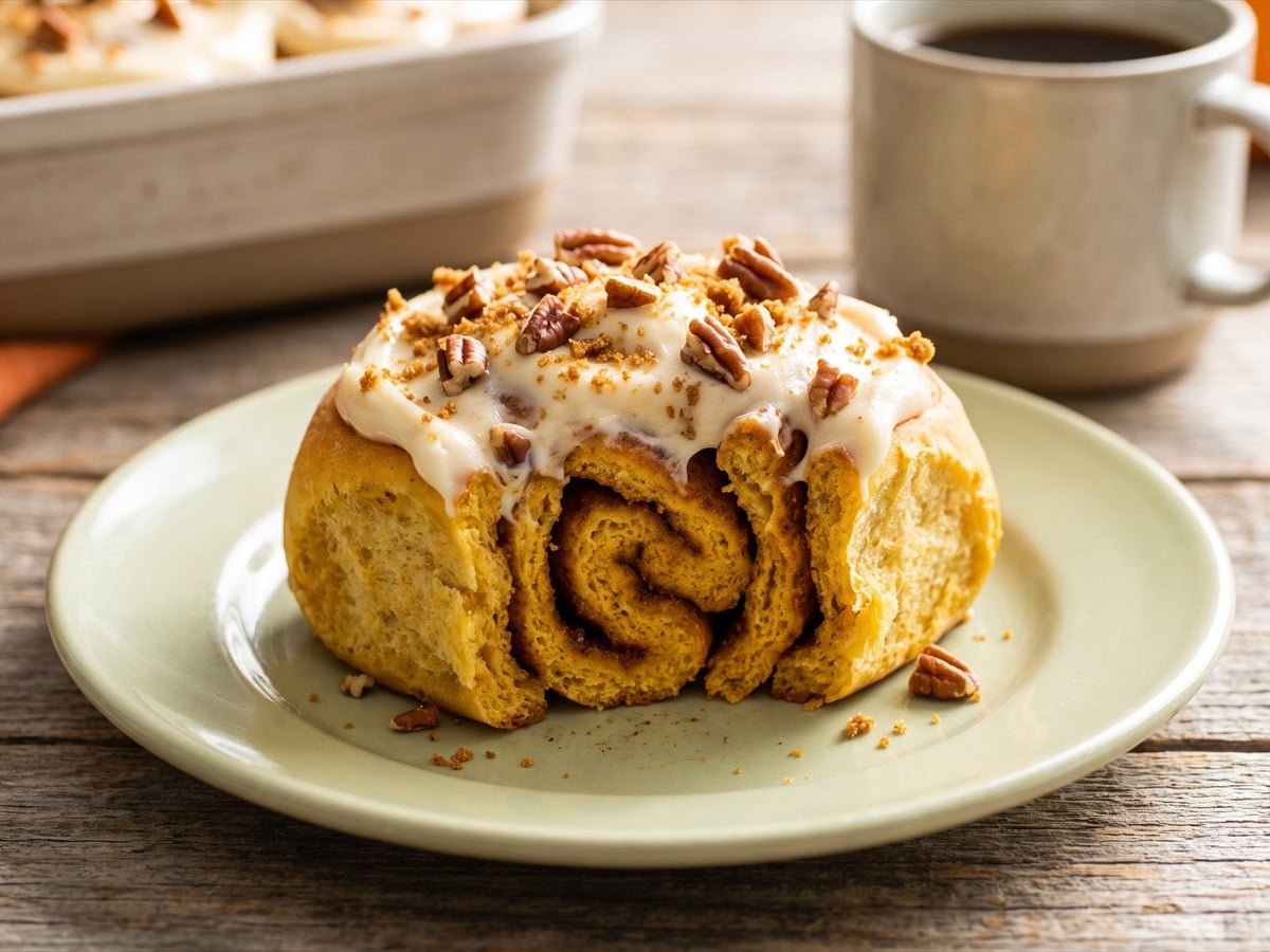 A single Pumpkin Cinnamon Roll on a plate showing the pumpkin cinnamon swirl.
