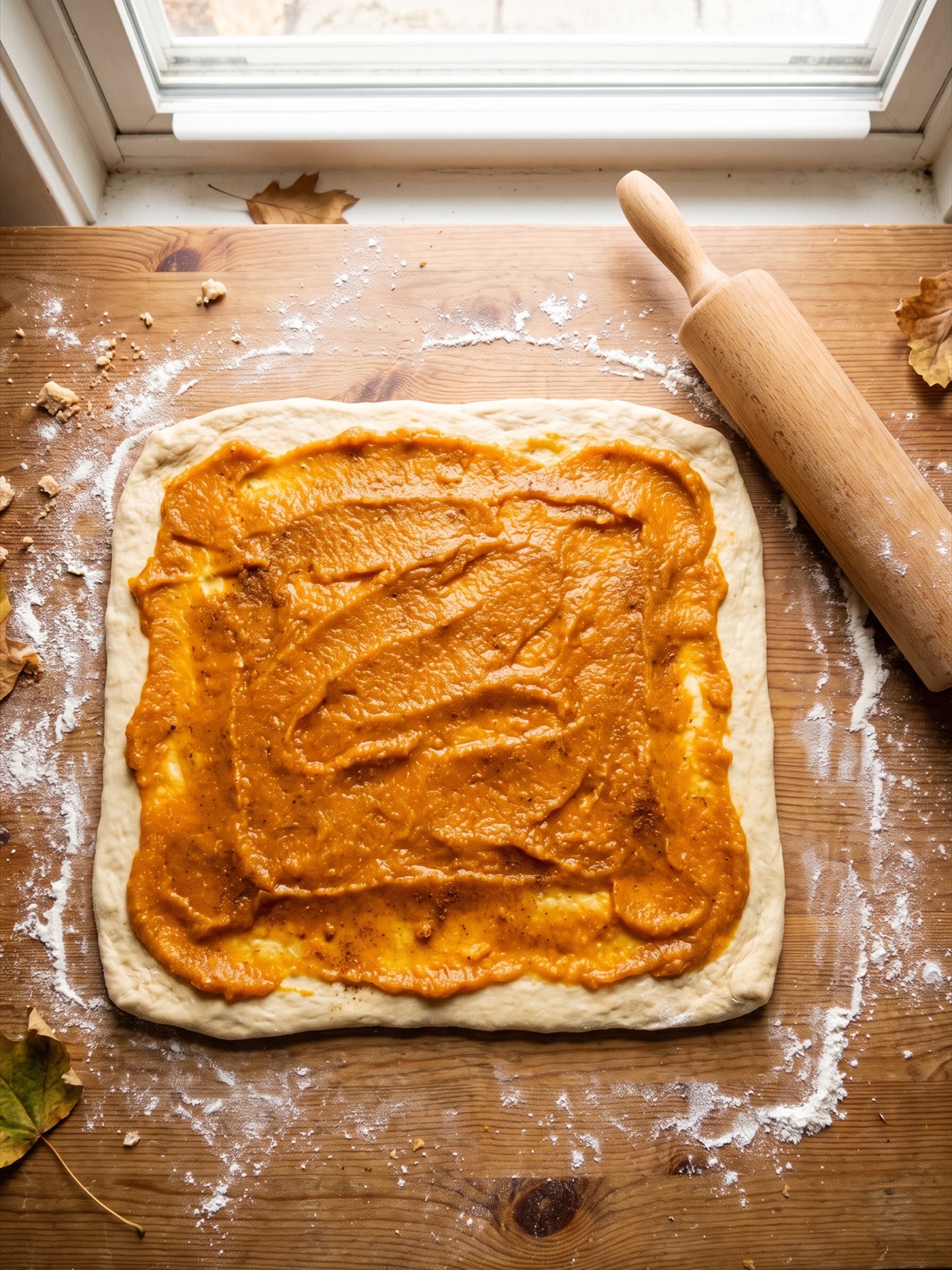 Pumpkin puree spread over rolled out cinnamon roll dough.