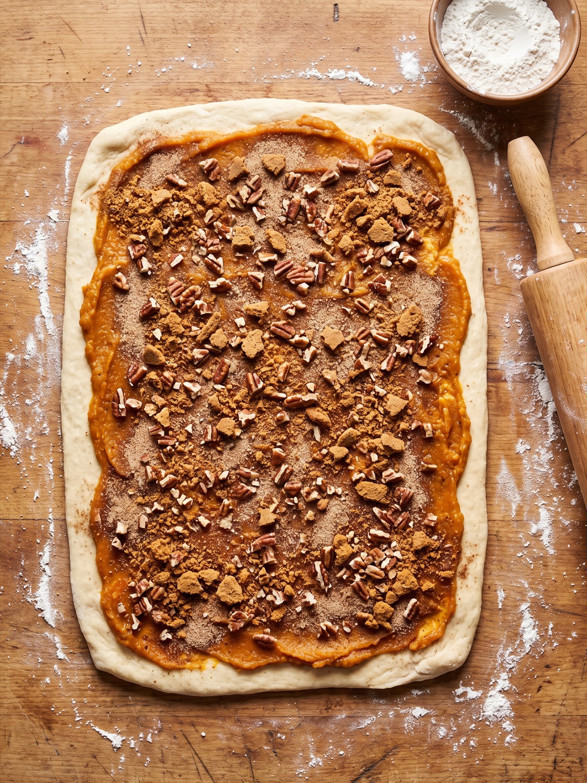Cinnamon sugar, pecans, and gingersnaps sprinkled over the pumpkin dough.