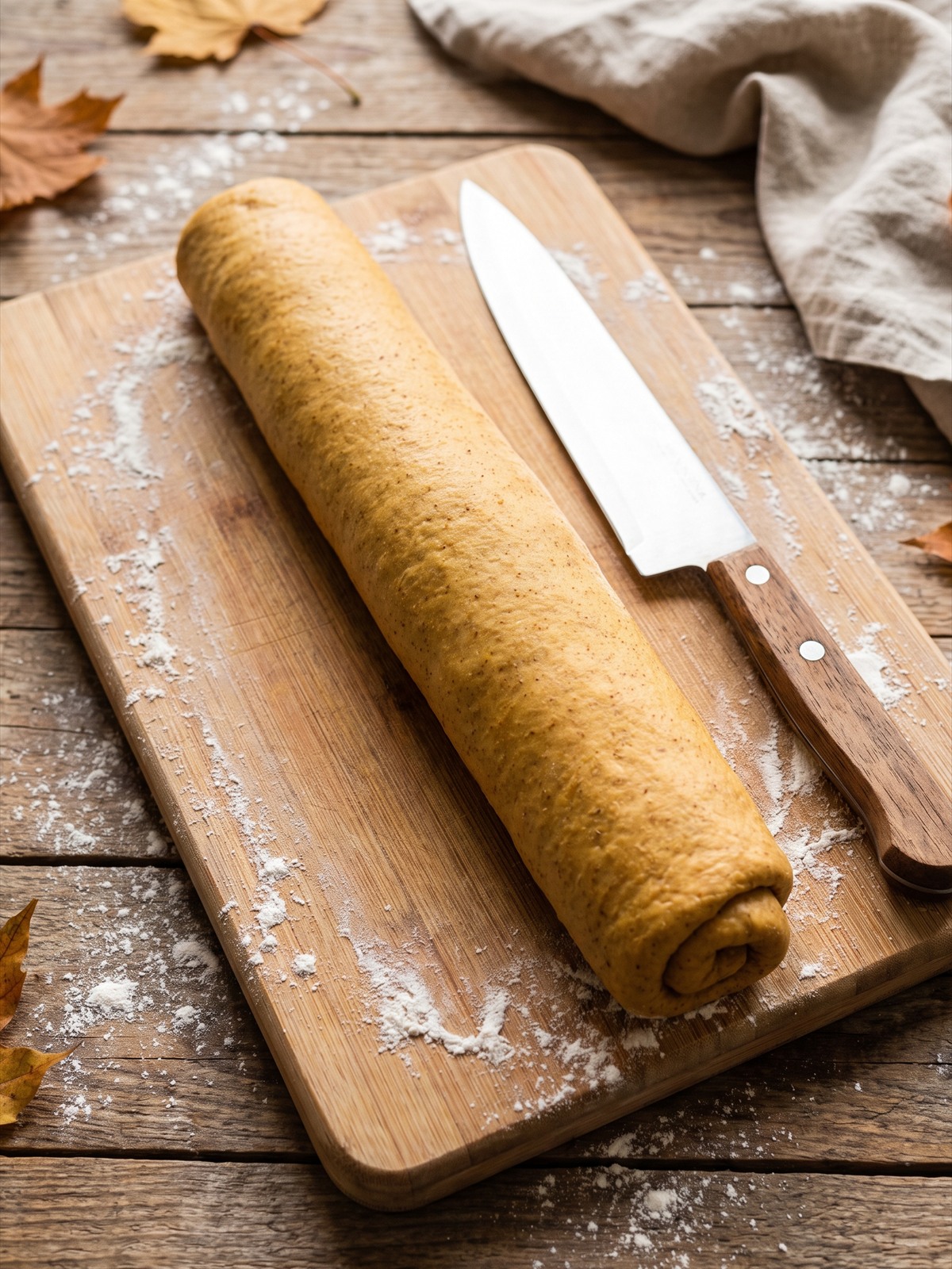 The Pumpkin Cinnamon Rolls dough rolled into a log.