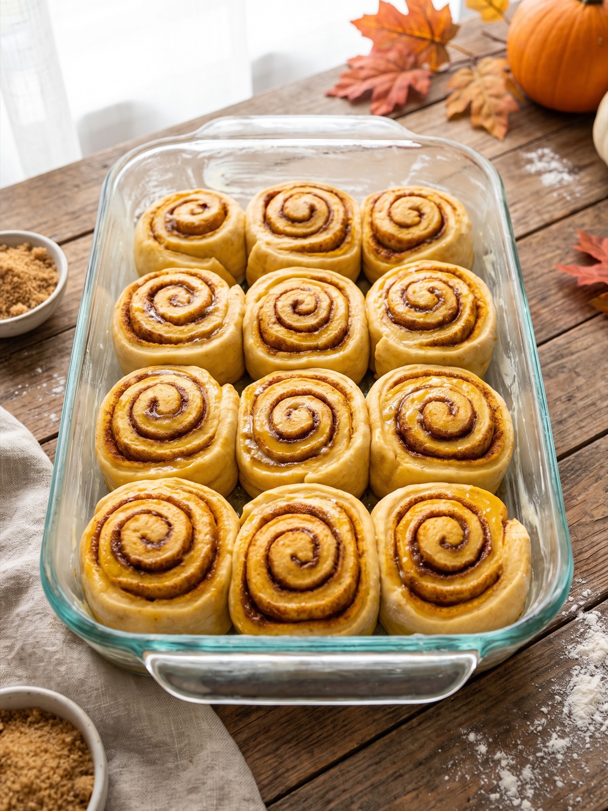Sliced Pumpkin Cinnamon Rolls arranged in a baking dish before baking.