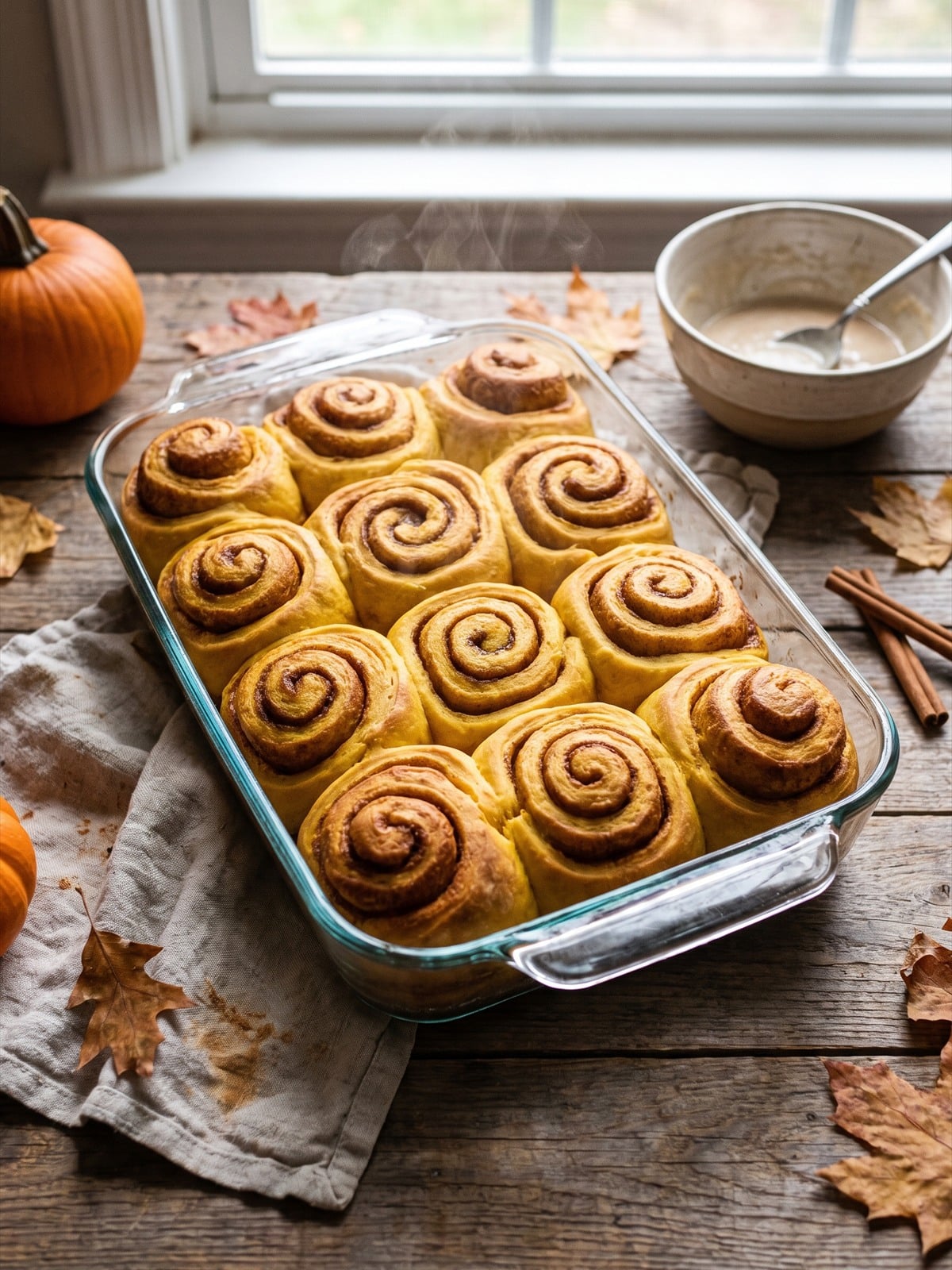 Baked golden Pumpkin Cinnamon Rolls in a glass baking dish.