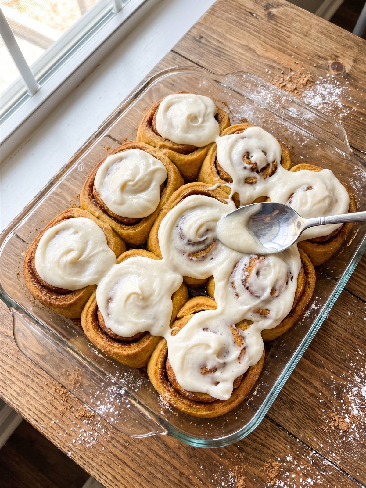 Cream cheese frosting spread over warm baked Pumpkin Cinnamon Rolls.