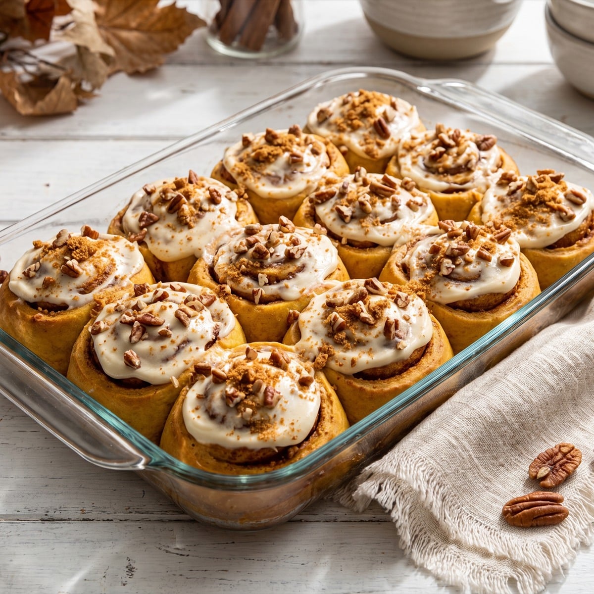 A glass baking dish of frosted Pumpkin Cinnamon Rolls topped with pecans.