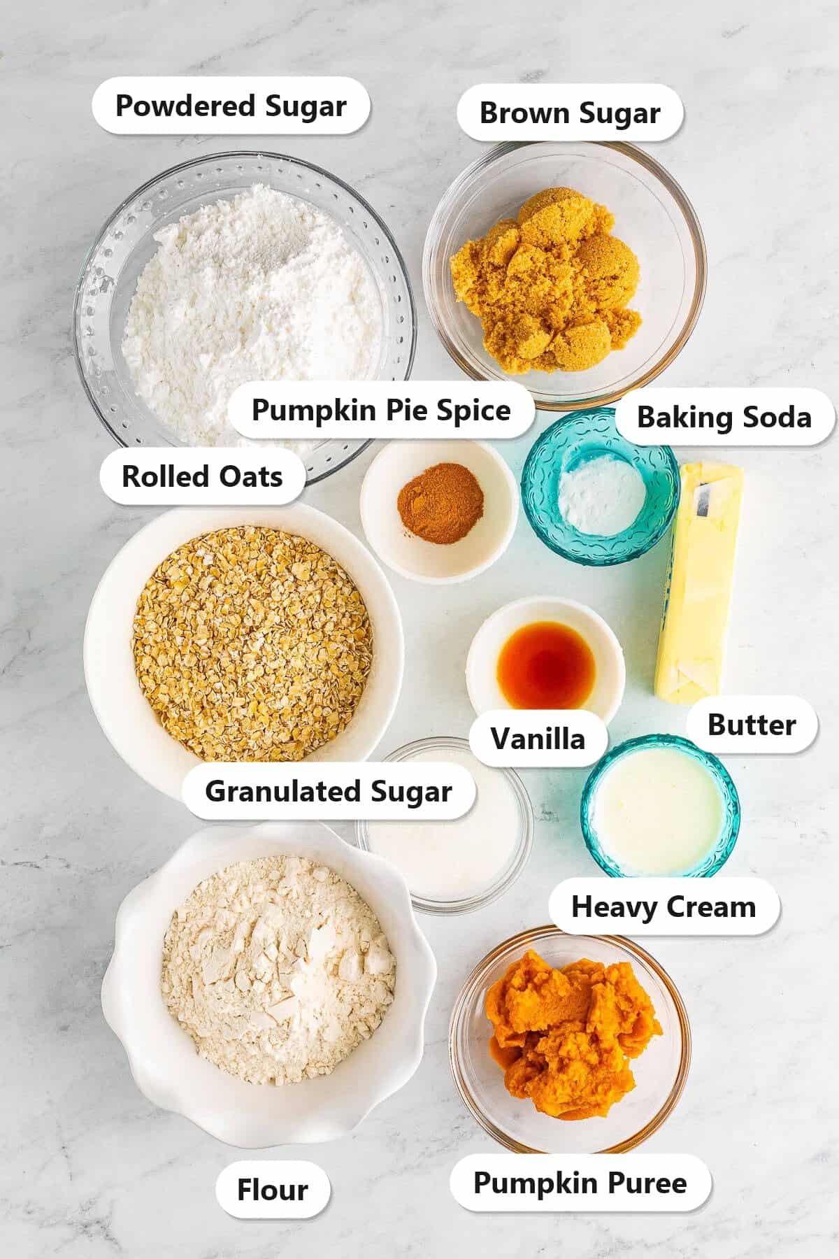 Labeled ingredients for Pumpkin Cookies including flour, rolled oats, pumpkin puree, brown sugar, granulated sugar, powdered sugar, butter, heavy cream, vanilla, baking soda, and pumpkin pie spice.