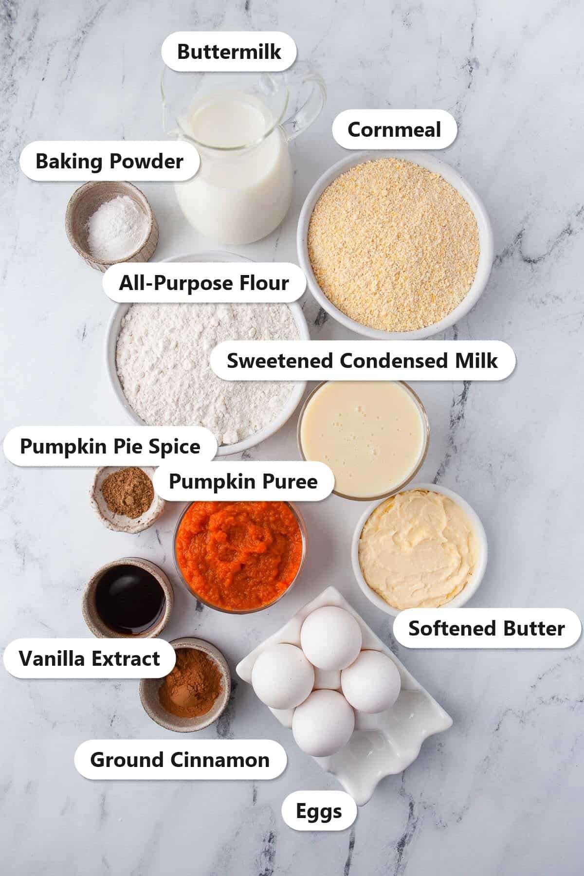 Labeled ingredients needed to make Pumpkin Cornbread.