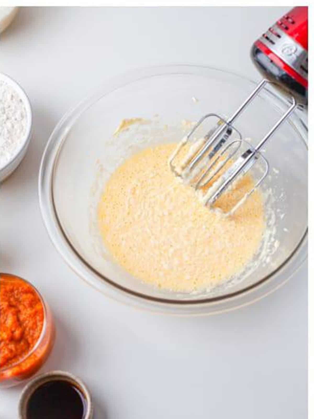 Butter whipped smooth with eggs mixed in one at a time.