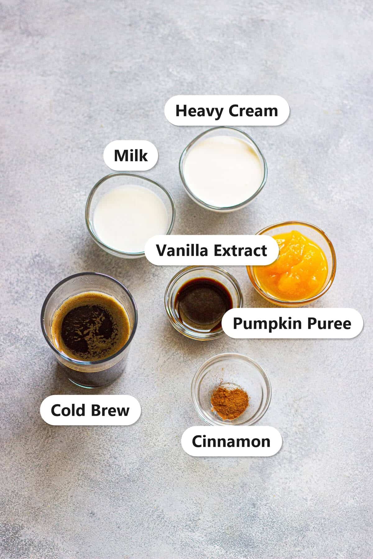 Ingredients to make pumpkin cream cold brew labeled on a gray surface: heavy cream, milk, vanilla extract, pumpkin puree, cold brew, and cinnamon.