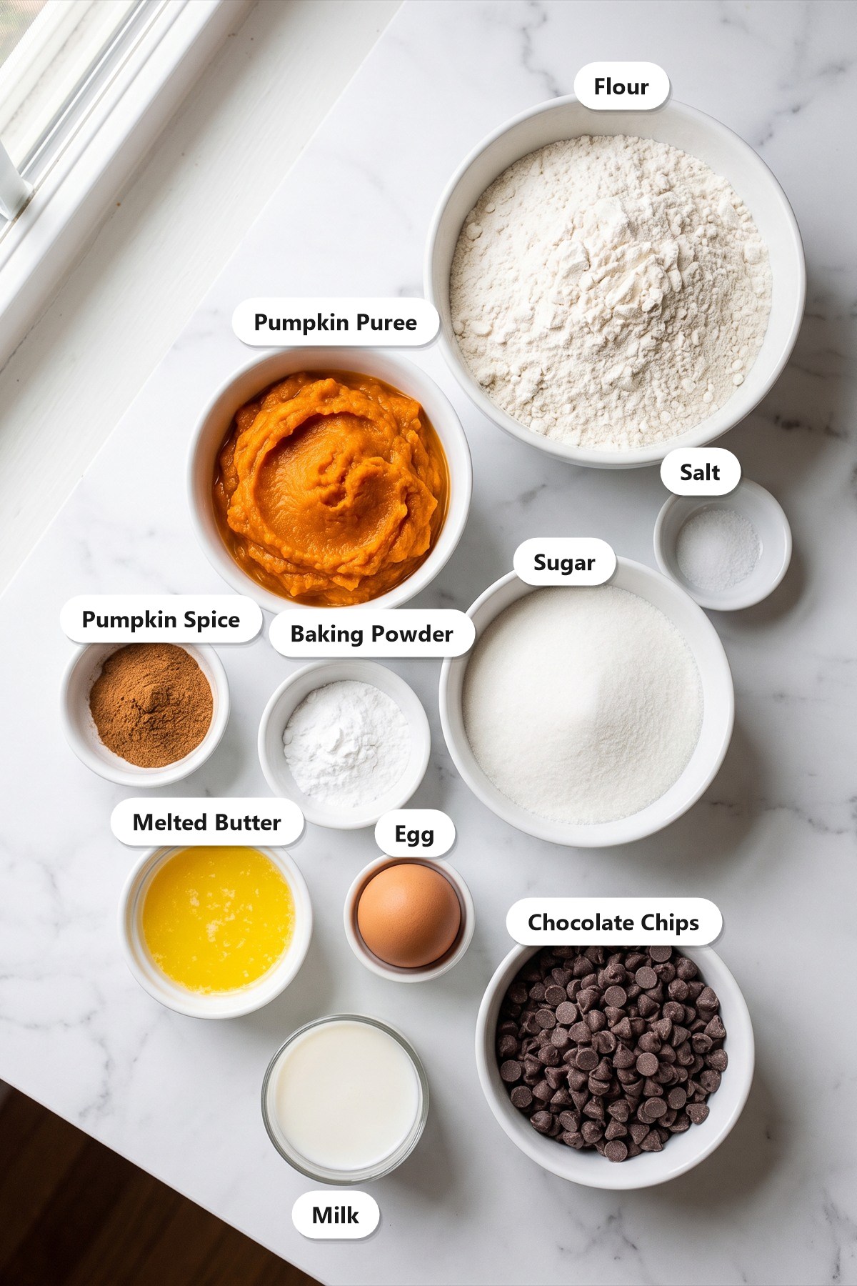 Labeled ingredients needed to make Pumpkin Donut Holes.