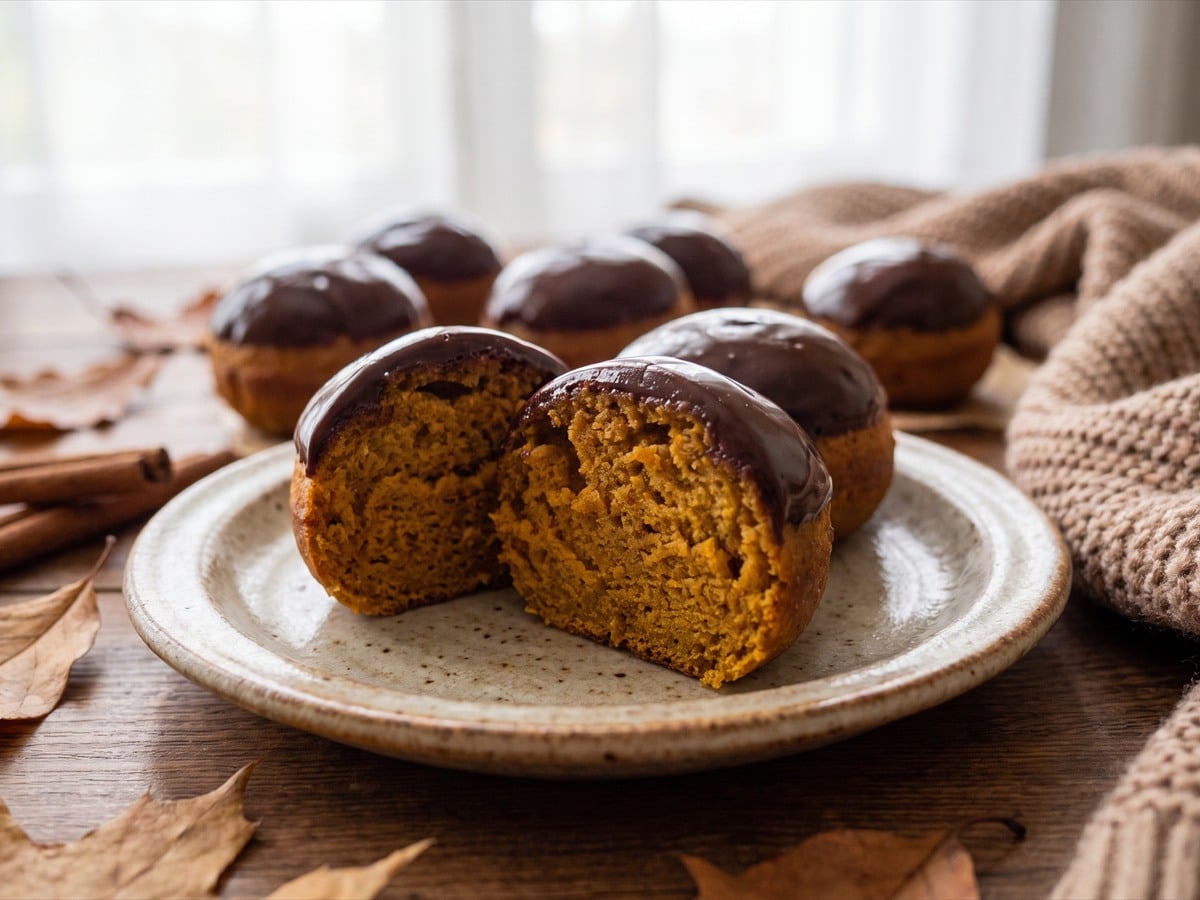 A Pumpkin Donut Hole cut in half showing the pumpkin crumb and chocolate glaze.