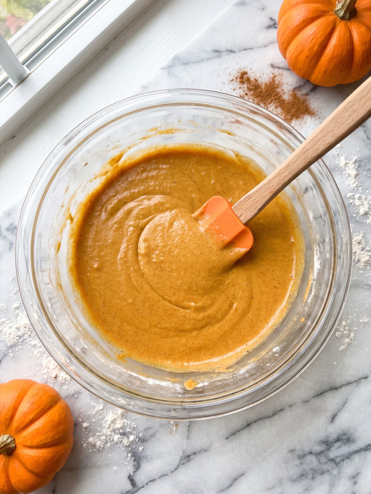 Pumpkin donut batter mixed in a bowl.