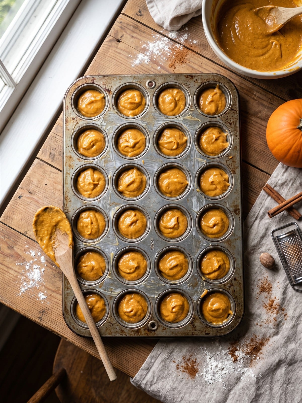 Pumpkin donut batter spooned into a mini muffin tin.