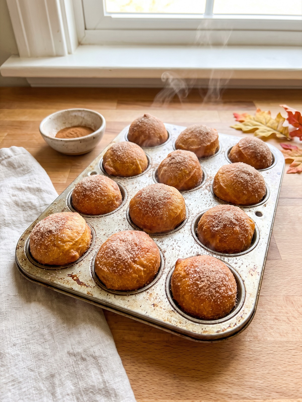 Baked pumpkin donut holes in a mini muffin tin.