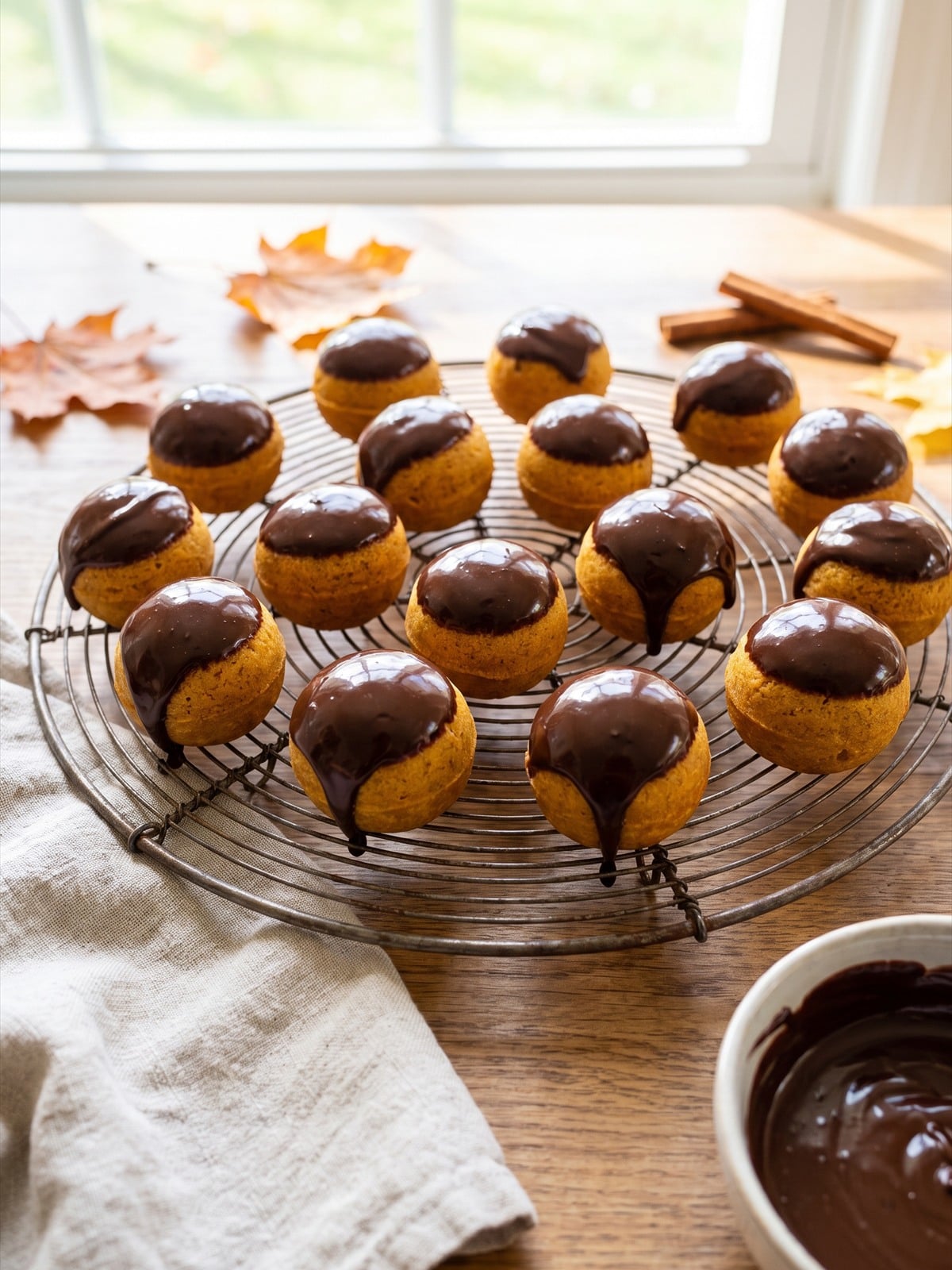 Pumpkin Donut Holes dipped in chocolate glaze on a wire rack.