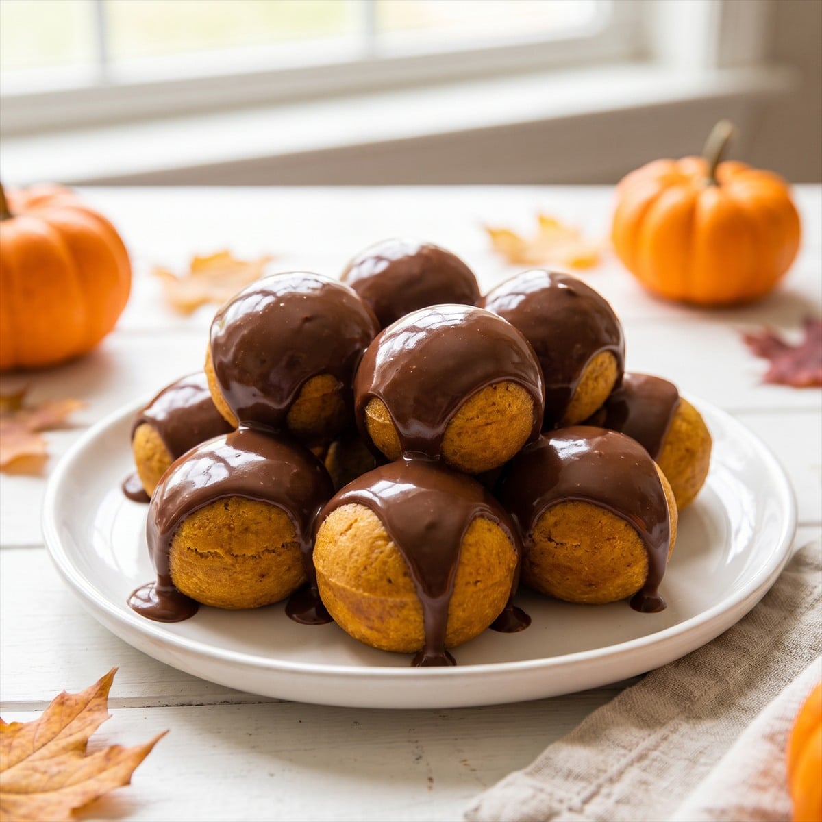 A plate of chocolate glazed Pumpkin Donut Holes.