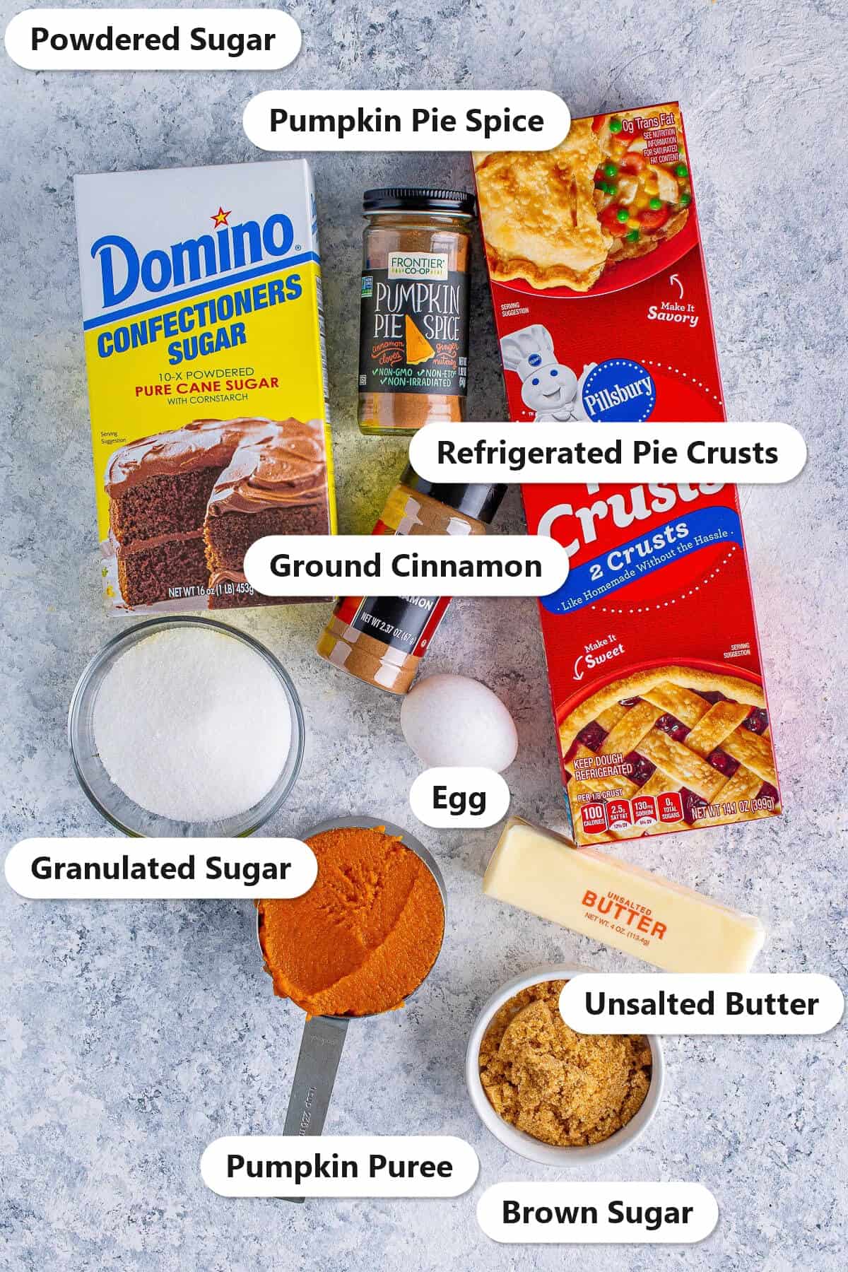 Labeled ingredients needed to make Pumpkin Hand Pies.
