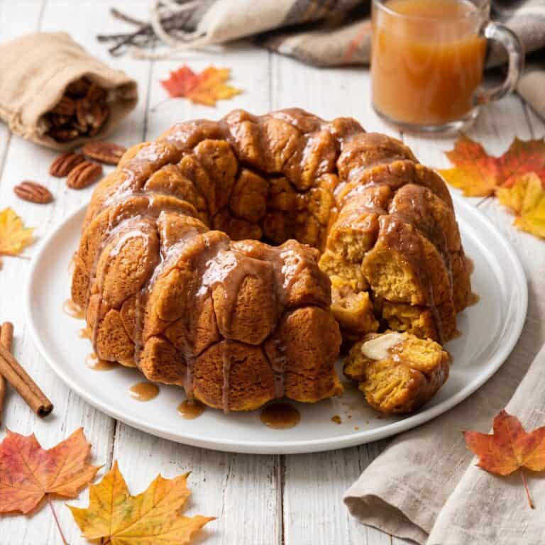 A pull-apart Pumpkin Monkey Bread on a plate with gooey cinnamon glaze.