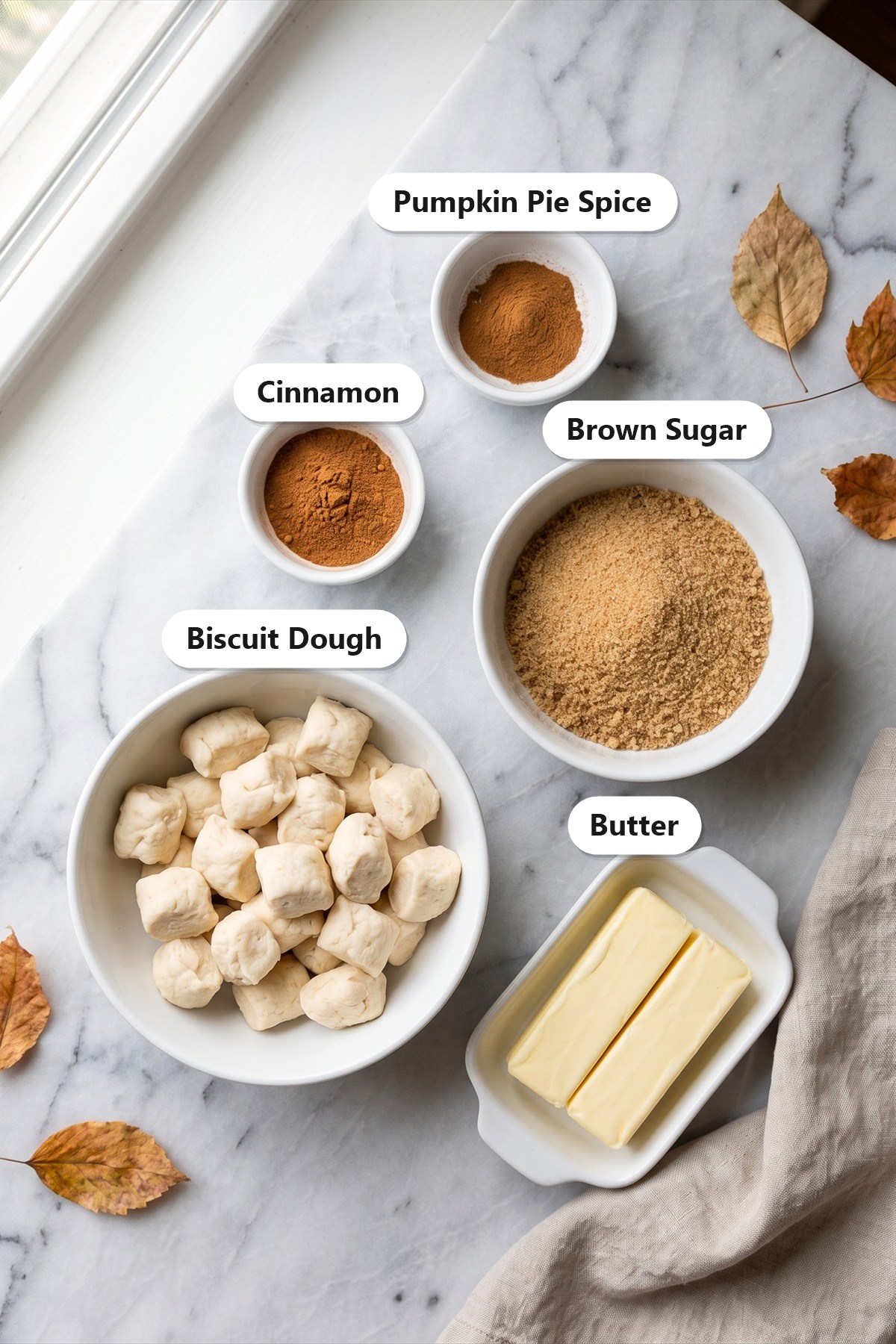 Labeled ingredients needed to make Pumpkin Monkey Bread.