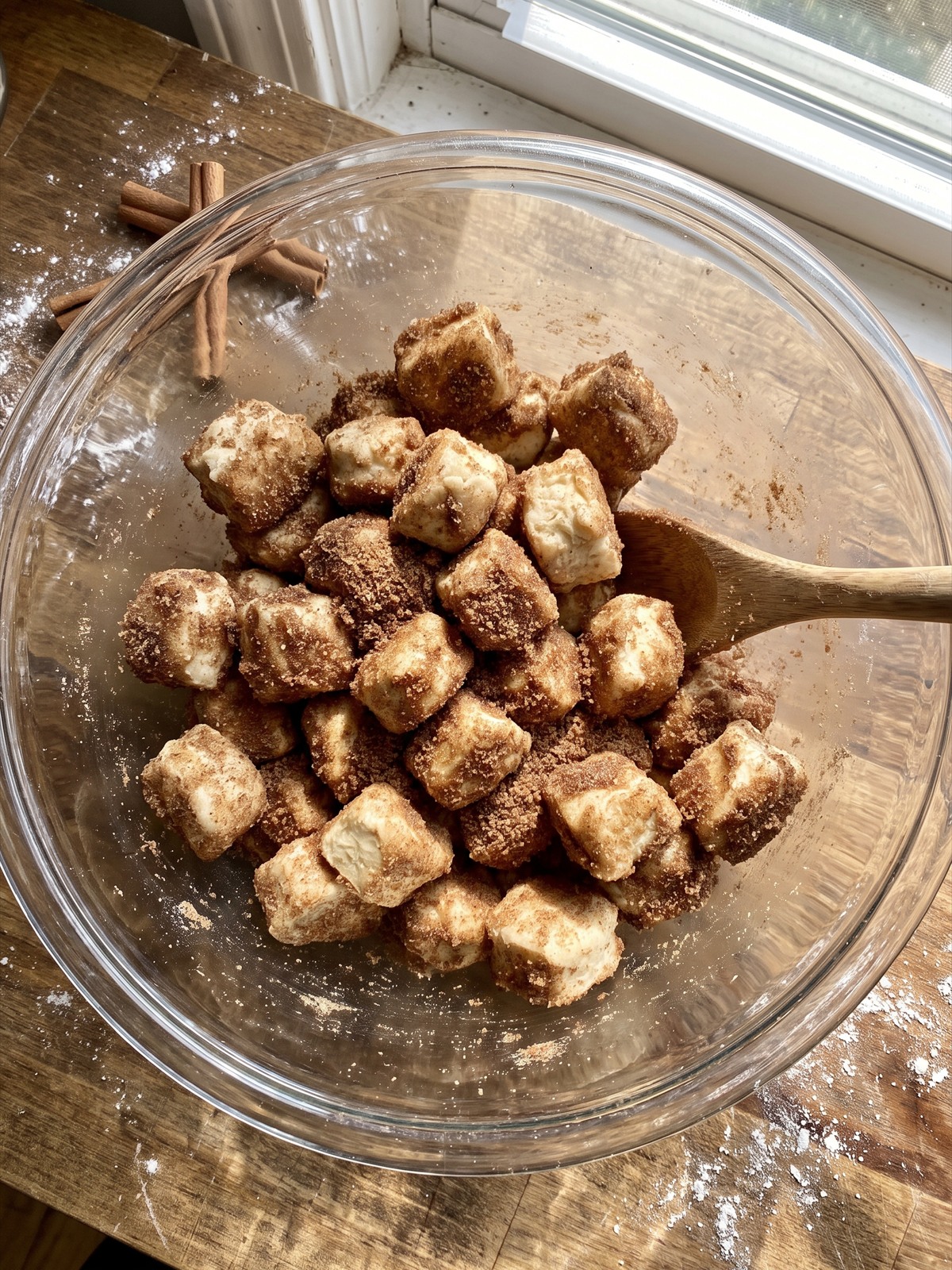 Biscuit pieces coated in brown sugar, pumpkin pie spice, and cinnamon.