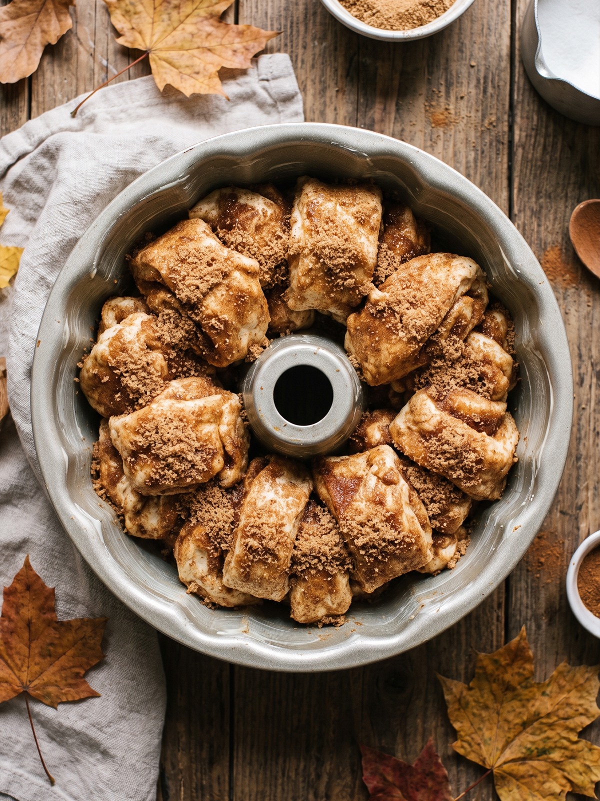 Coated biscuit pieces layered in a bundt pan.