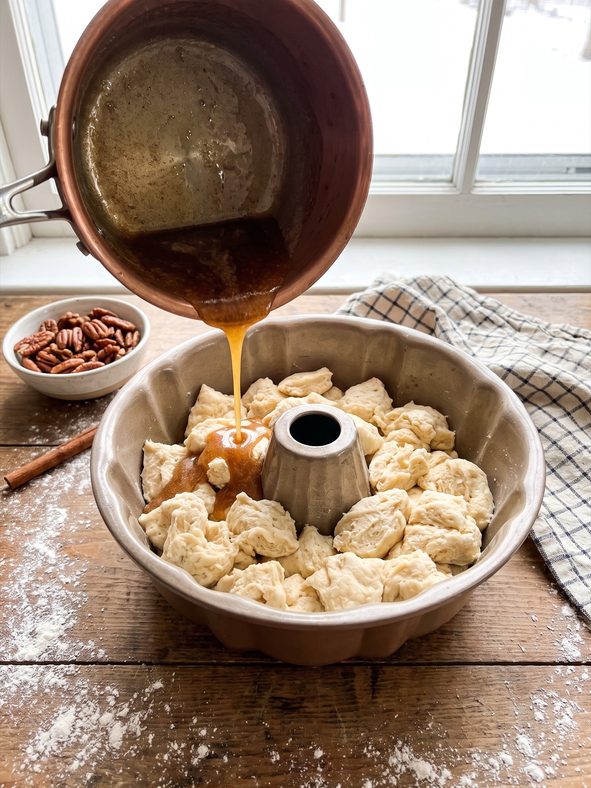 Brown sugar butter glaze poured over the biscuit pieces in the pan.