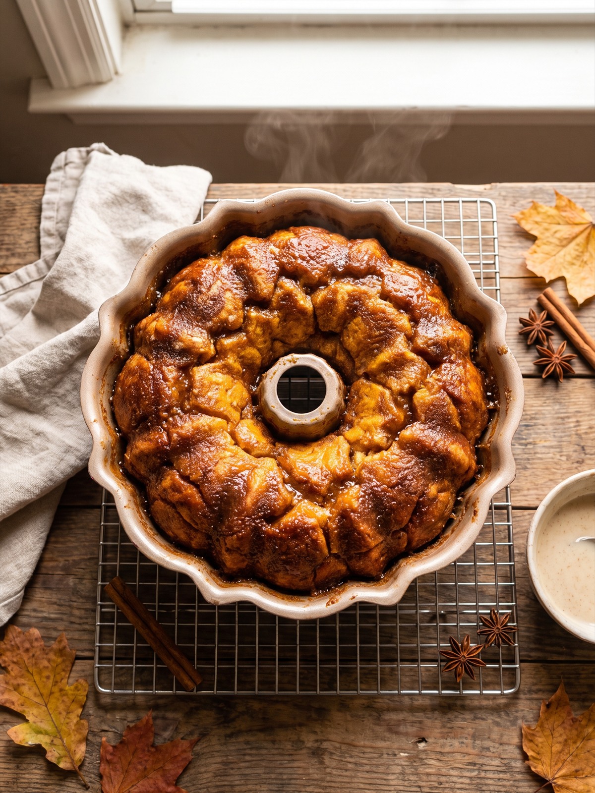 Baked golden Pumpkin Monkey Bread in a bundt pan.