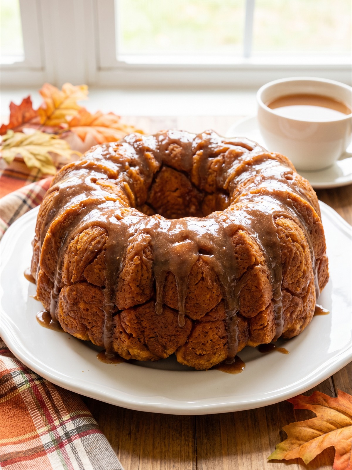 Pumpkin Monkey Bread inverted onto a plate with glaze dripping down.