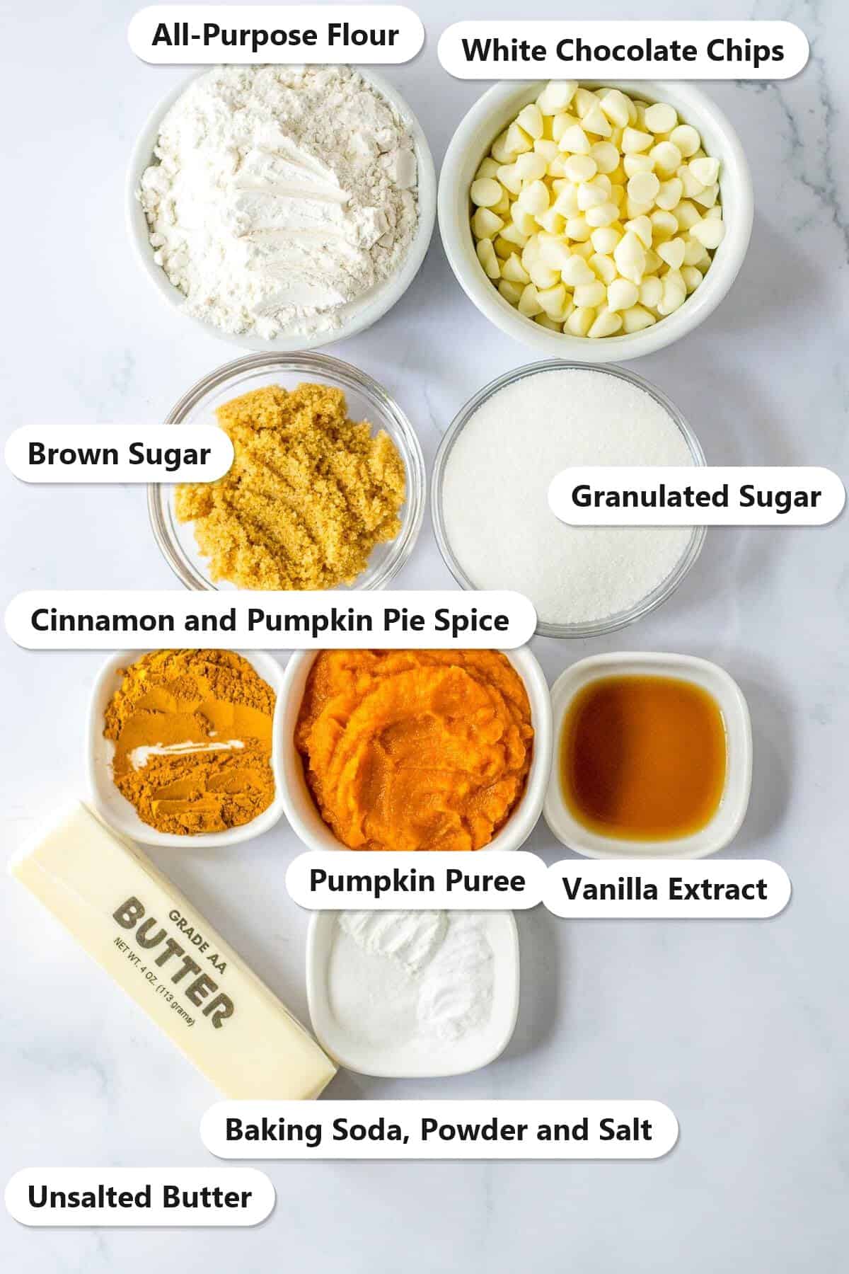 Labeled ingredients needed to make Pumpkin Snickerdoodles.