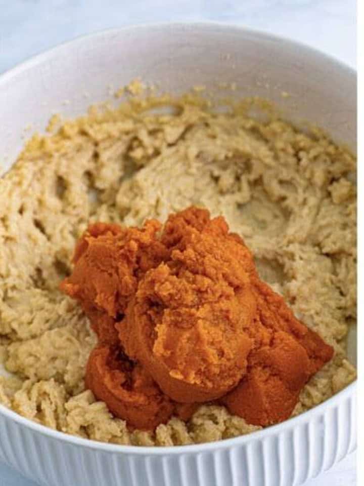 Pumpkin puree added to the creamed sugar and butter mixture for Pumpkin Whoopie Pies.