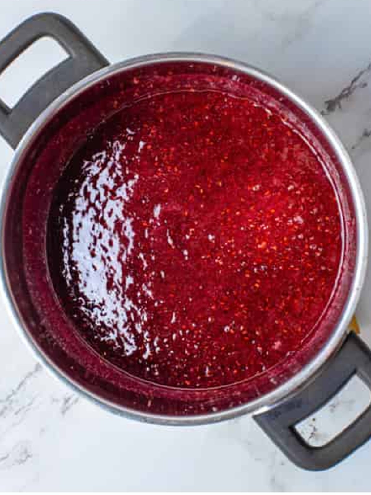 Finished Raspberry Curd cooling in the saucepan before going into the refrigerator.